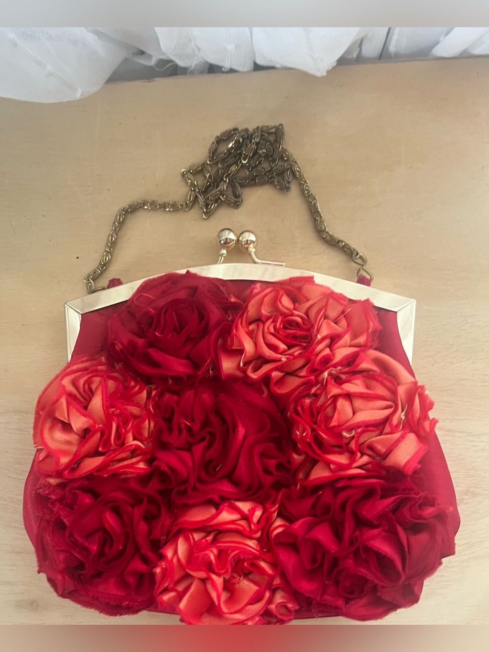 Lulu Townsend Red Floral Satin Evening Bag with Chain Shoulder Strap